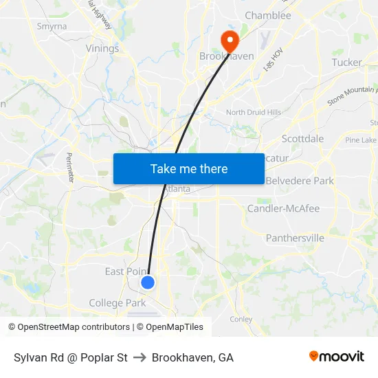Sylvan Rd @ Poplar St to Brookhaven, GA map