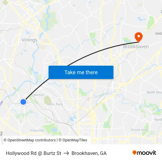 Hollywood Rd @ Burtz St to Brookhaven, GA map