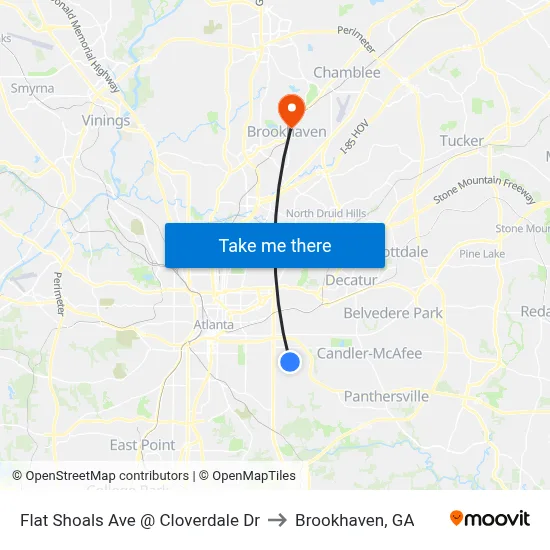 Flat Shoals Ave @ Cloverdale Dr to Brookhaven, GA map