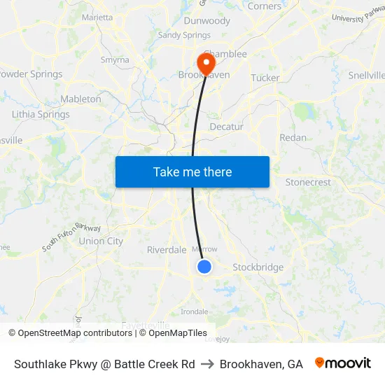 Southlake Pkwy @ Battle Creek Rd to Brookhaven, GA map
