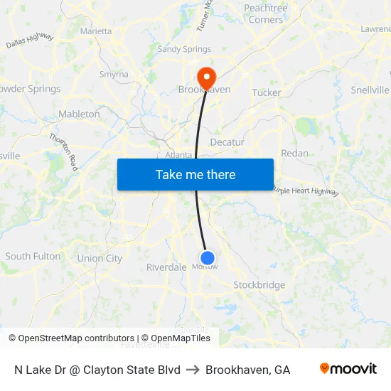N Lake Dr @ Clayton State Blvd to Brookhaven, GA map