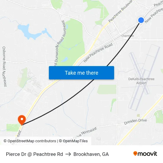 Pierce Dr @ Peachtree Rd to Brookhaven, GA map
