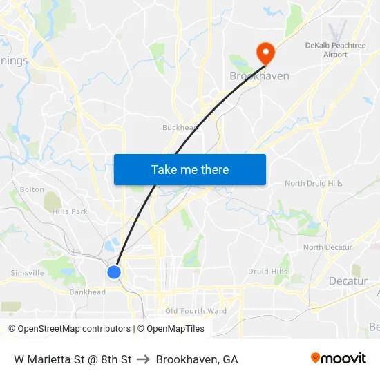 W Marietta St @ 8th St to Brookhaven, GA map