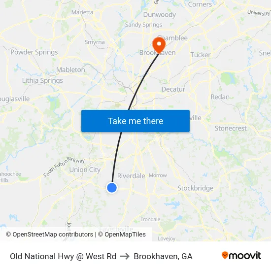 Old National Hwy @ West Rd to Brookhaven, GA map