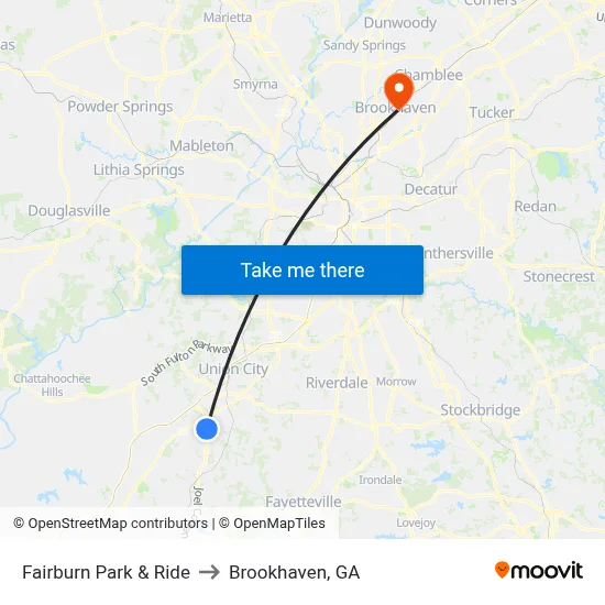 Fairburn Park & Ride to Brookhaven, GA map