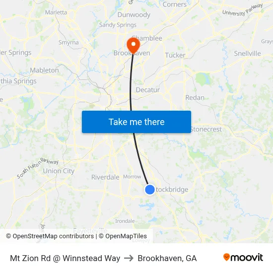 Mt Zion Rd @ Winnstead Way to Brookhaven, GA map