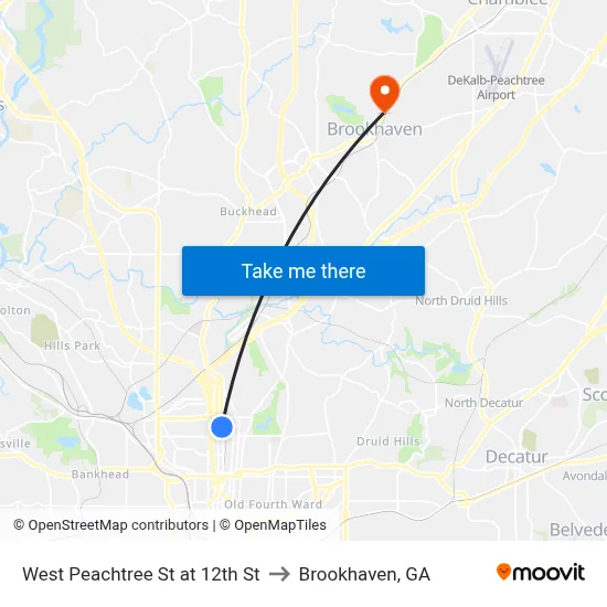West Peachtree St at 12th St to Brookhaven, GA map