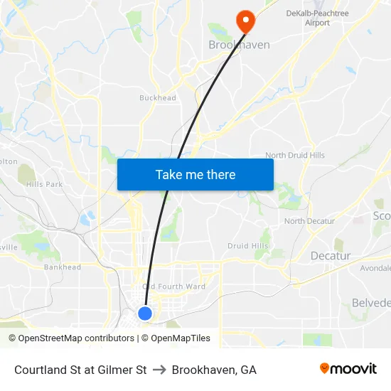 Courtland St at Gilmer St to Brookhaven, GA map