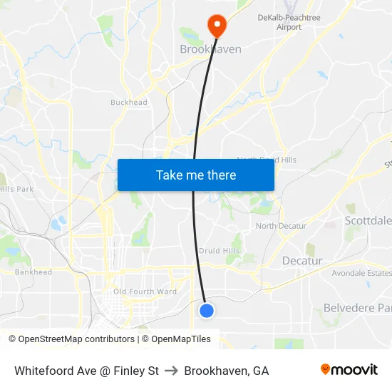 Whitefoord Ave @ Finley St to Brookhaven, GA map