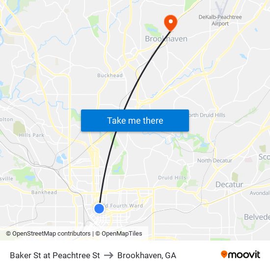 Baker St at Peachtree St to Brookhaven, GA map