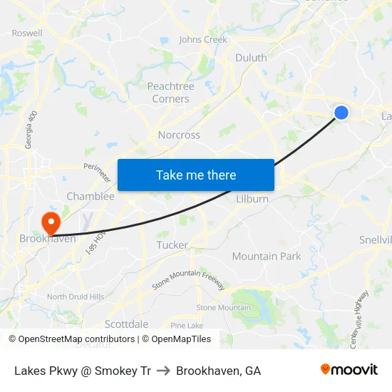 Lakes Pkwy @ Smokey Tr to Brookhaven, GA map