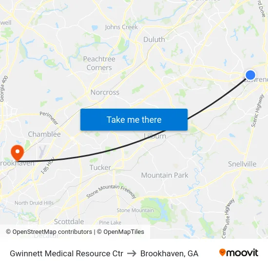 Gwinnett Medical Resource Ctr to Brookhaven, GA map