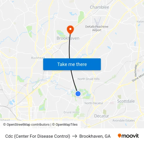 Cdc (Center For Disease Control) to Brookhaven, GA map