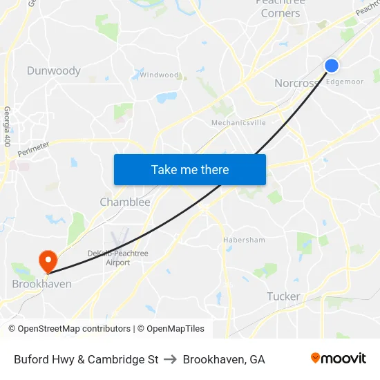 Buford Hwy & Cambridge St to Brookhaven, GA map