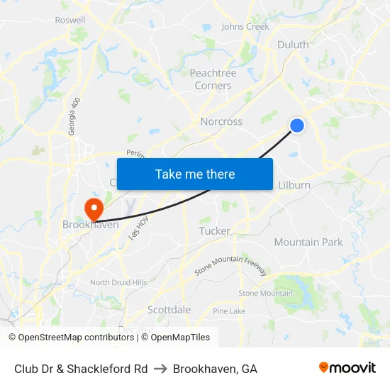 Club Dr & Shackleford Rd to Brookhaven, GA map
