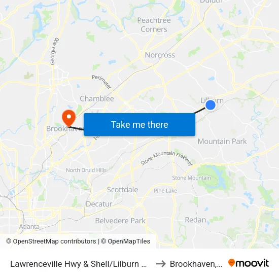 Lawrenceville Hwy & Shell/Lilburn Animal to Brookhaven, GA map