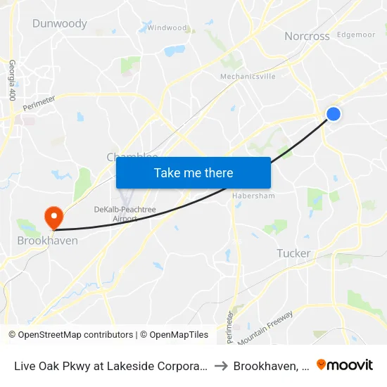 Live Oak Pkwy at Lakeside Corporate Ct to Brookhaven, GA map