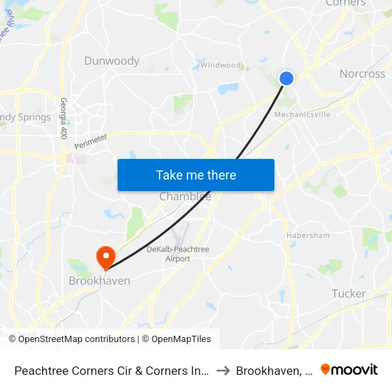 Peachtree Corners Cir & Corners Ind Cir to Brookhaven, GA map
