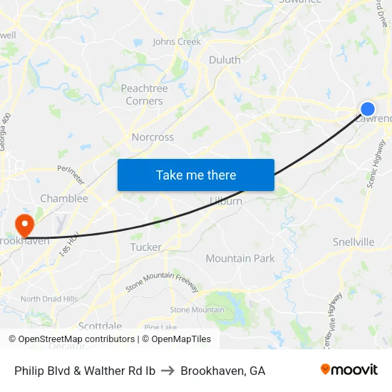 Philip Blvd & Walther Rd to Brookhaven, GA map