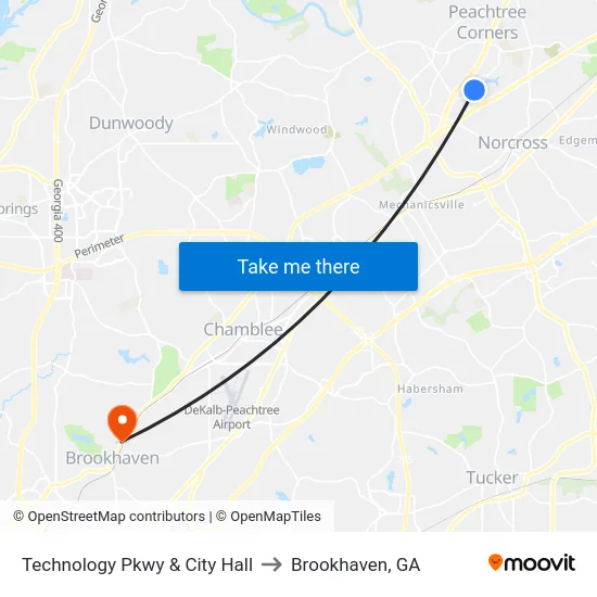 Technology Pkwy & City Hall to Brookhaven, GA map