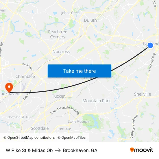 W Pike St & Midas Ob to Brookhaven, GA map