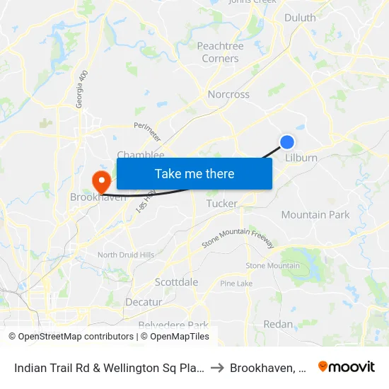 Indian Trail Rd & Wellington Sq Plaza to Brookhaven, GA map