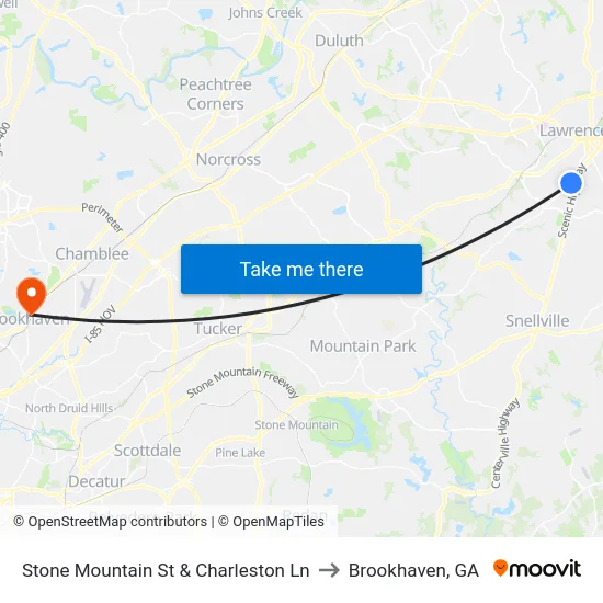 Stone Mountain St & Charleston Ln to Brookhaven, GA map