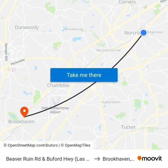Beaver Ruin Rd & Buford Hwy (Las Tortas) to Brookhaven, GA map