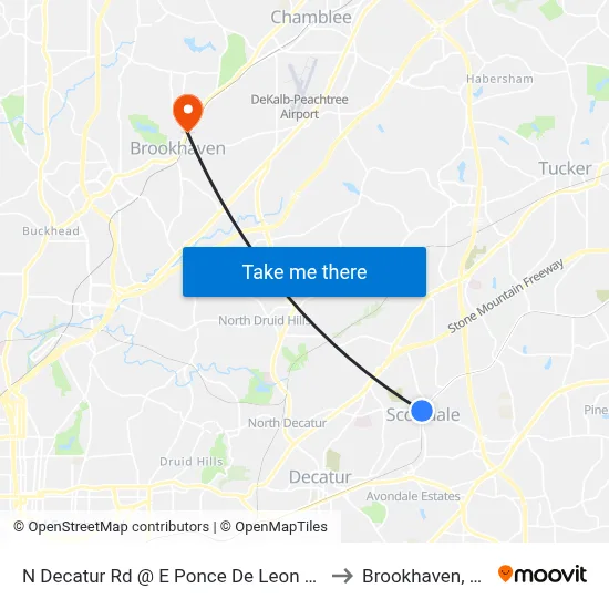 N Decatur Rd @ E Ponce De Leon Ave to Brookhaven, GA map