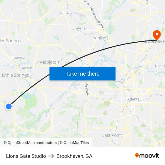 Lions Gate Studio to Brookhaven, GA map