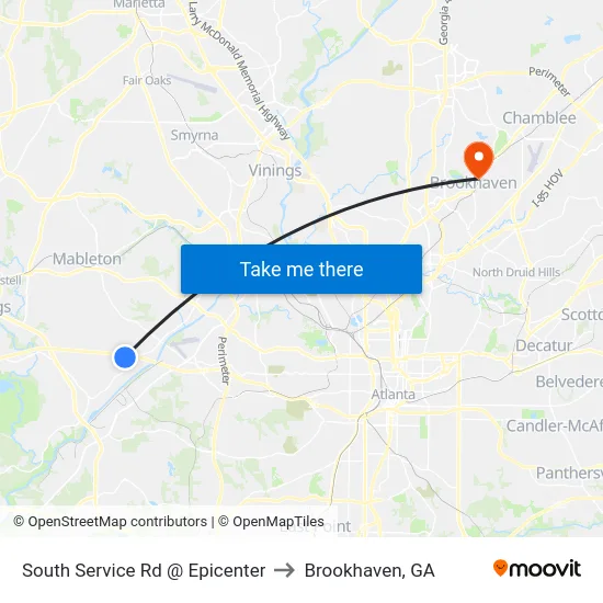 South Service Rd @ Epicenter to Brookhaven, GA map