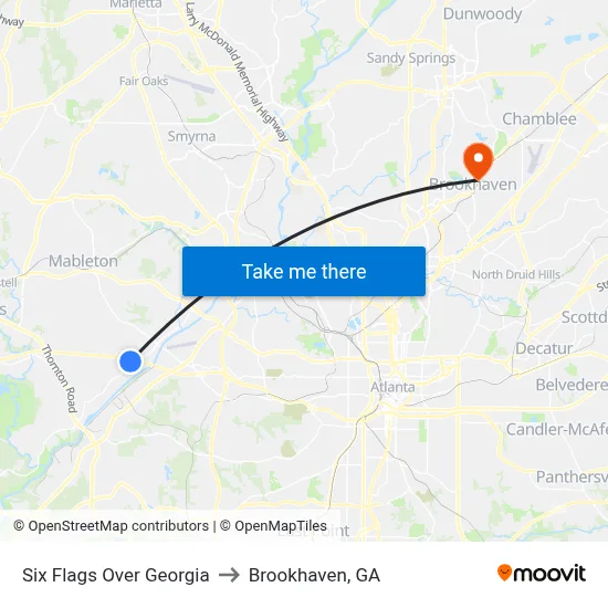 Six Flags Over Georgia to Brookhaven, GA map