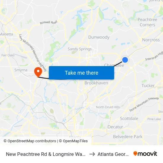 New Peachtree Rd & Longmire Way Ib to Atlanta Georgia map