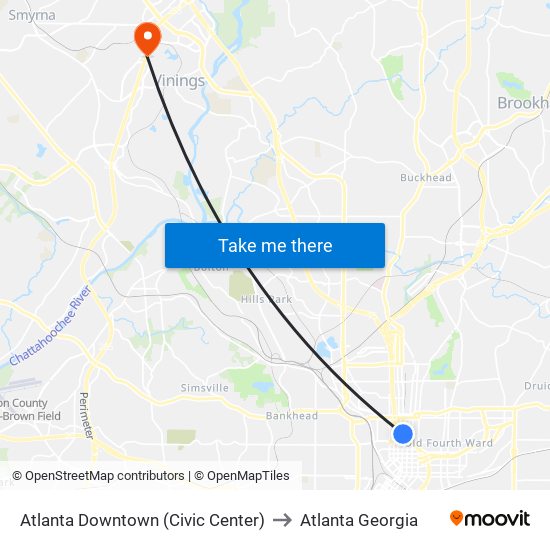 Atlanta Downtown (Civic Center) to Atlanta Georgia map