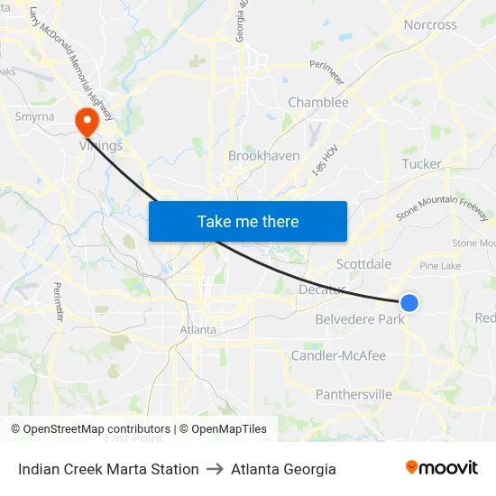 Indian Creek Marta Station to Atlanta Georgia map
