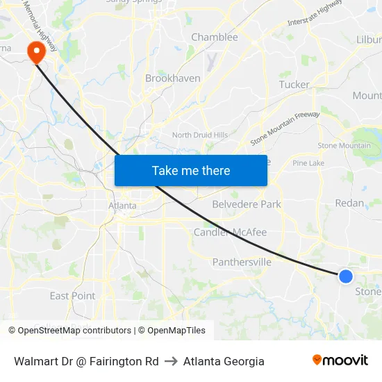 Walmart Dr @ Fairington Rd to Atlanta Georgia map