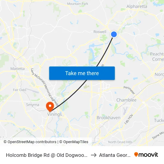 Holcomb Bridge Rd @ Old Dogwood Rd to Atlanta Georgia map