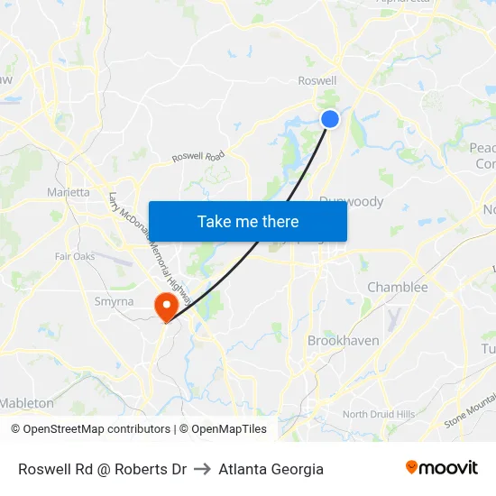 Roswell Rd @ Roberts Dr to Atlanta Georgia map