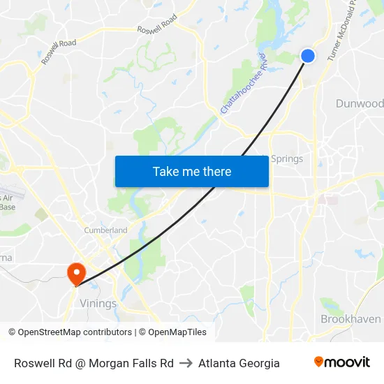 Roswell Rd @ Morgan Falls Rd to Atlanta Georgia map