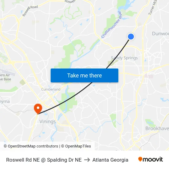 Roswell Rd NE @ Spalding Dr NE to Atlanta Georgia map