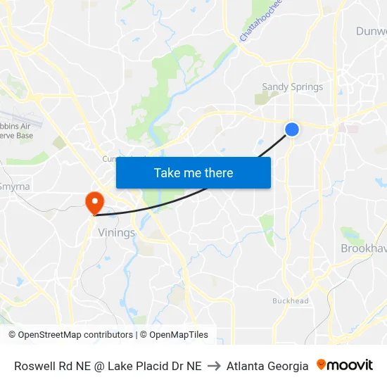 Roswell Rd NE @ Lake Placid Dr NE to Atlanta Georgia map