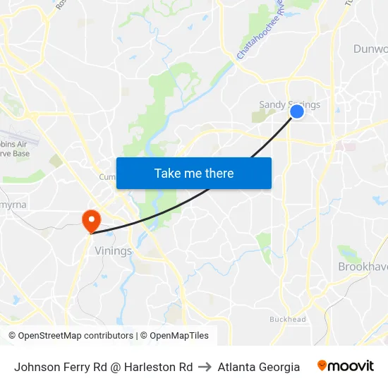 Johnson Ferry Rd @ Harleston Rd to Atlanta Georgia map