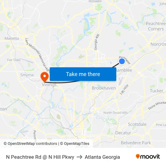 N Peachtree Rd @ N Hill Pkwy to Atlanta Georgia map