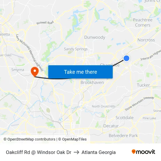Oakcliff Rd @ Windsor Oak Dr to Atlanta Georgia map