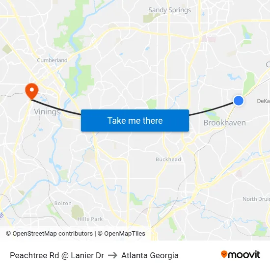Peachtree Rd @ Lanier Dr to Atlanta Georgia map
