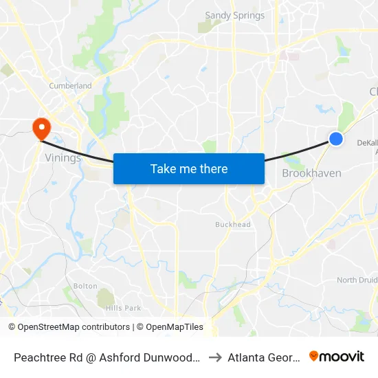 Peachtree Rd @ Ashford Dunwoody Rd to Atlanta Georgia map