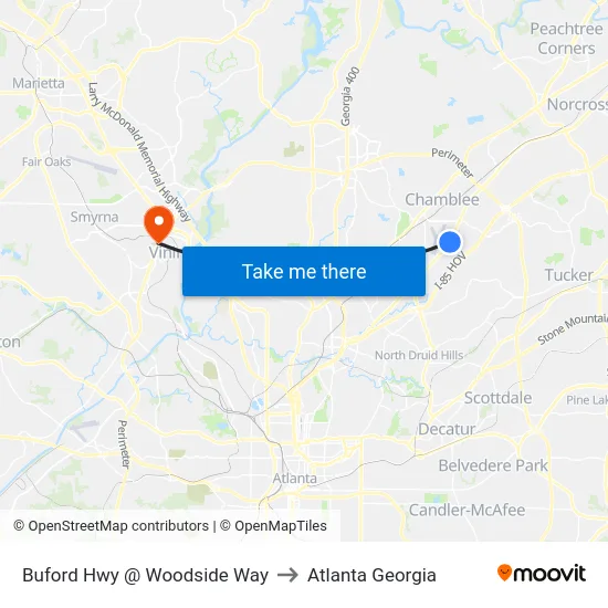 Buford Hwy @ Woodside Way to Atlanta Georgia map