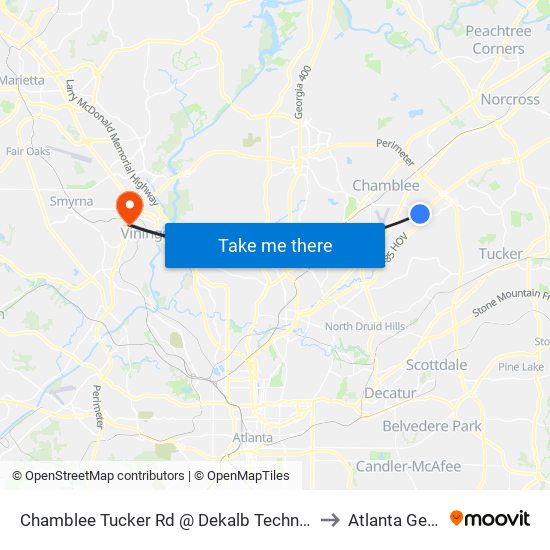 Chamblee Tucker Rd @ Dekalb Technology Pkwy to Atlanta Georgia map