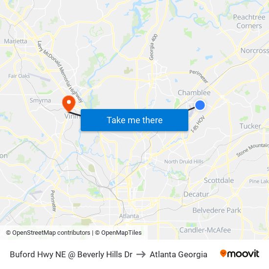 Buford Hwy NE @ Beverly Hills Dr to Atlanta Georgia map