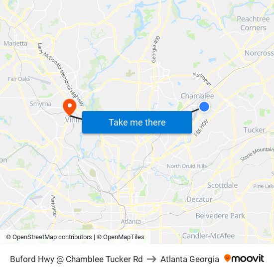 Buford Hwy @ Chamblee Tucker Rd to Atlanta Georgia map